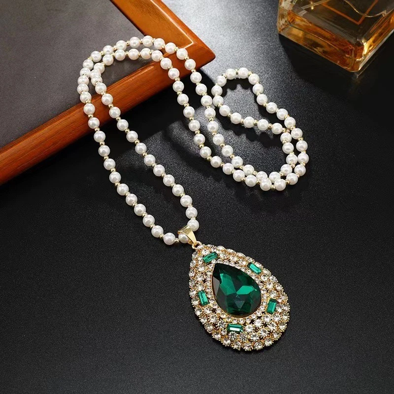 【女神之泪】秋冬满鉆复古绿色宫廷风水滴镶嵌长款毛衣链时尚M2003