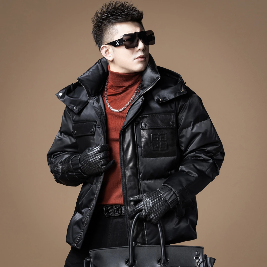 言吉男装白鹅绒休闲外套男士冬季新款时尚拼皮连帽羽绒服YJ38132