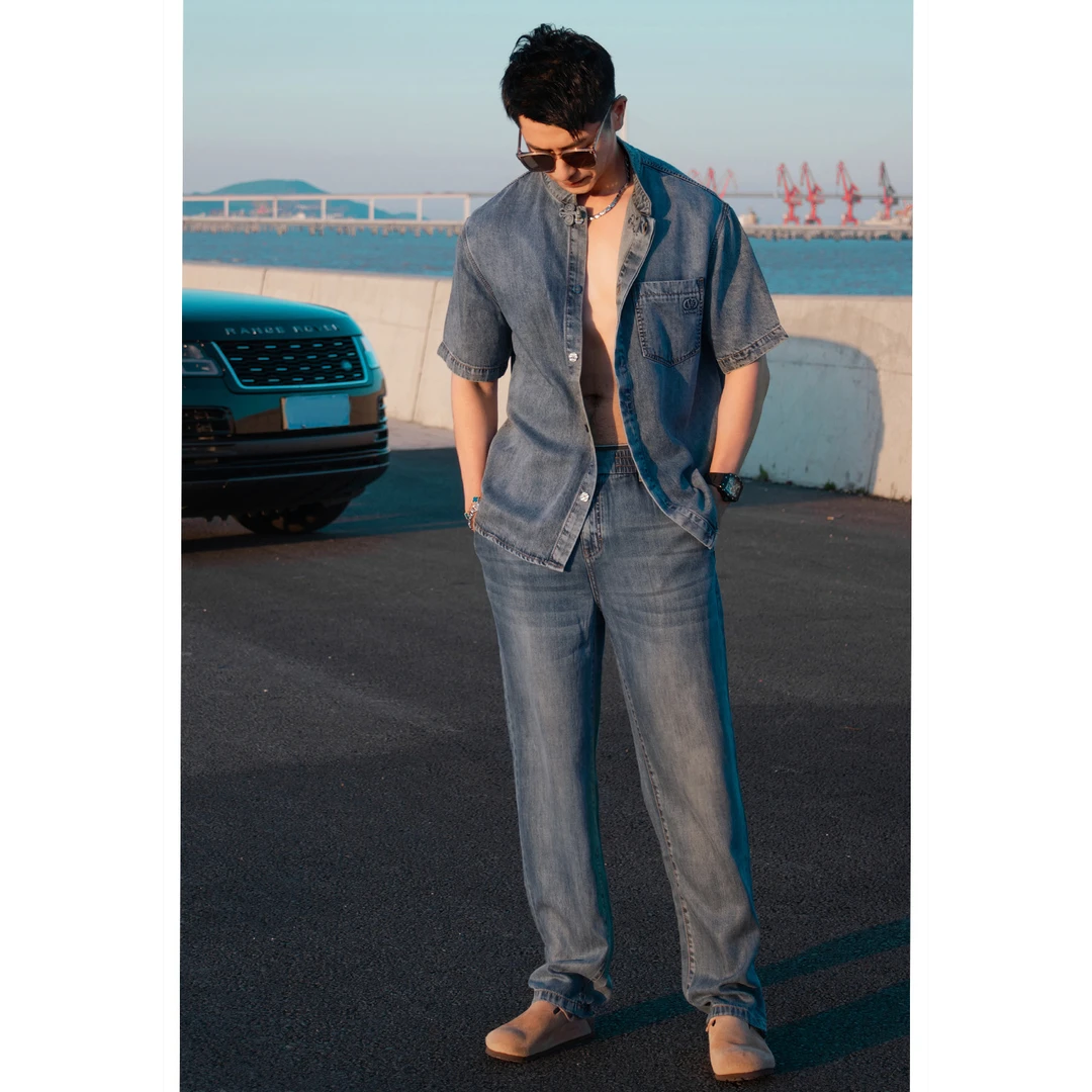 言吉莱赛尔时尚休闲套装夏季新款天丝牛仔短袖衬衫套装YJT20078