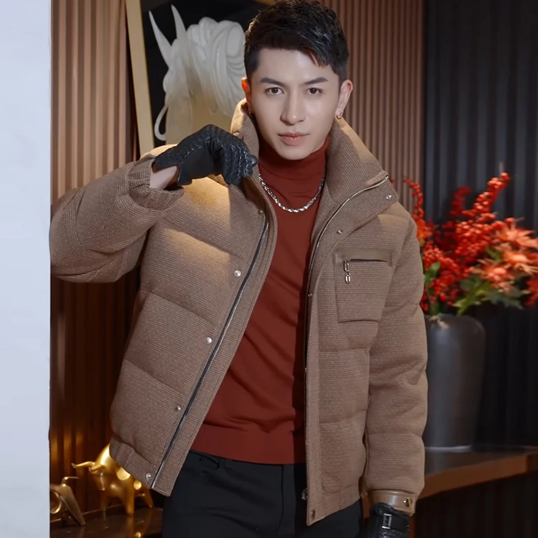 言吉高端男装拼皮鹅绒外套冬季新款翻领加厚羽绒服【清货】YJRL3965