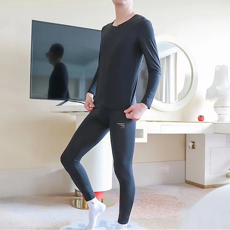 2023春季新款男士丝滑面膜轻薄圆领家居服高弹运动薄款纯色套装