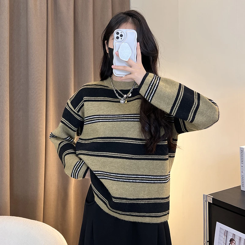 针织衫套头时尚秋季毛衣条纹休闲宽松圆领撞色长袖百搭打底