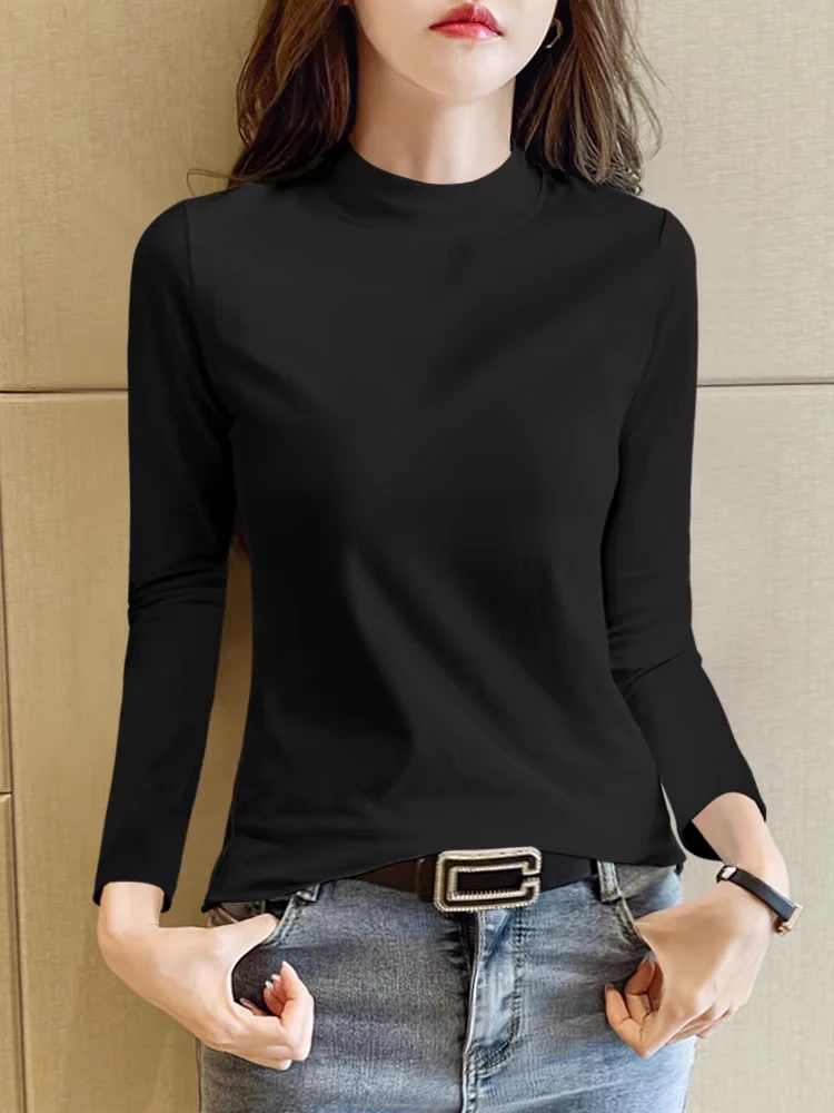 长袖女t恤春季洋气女士纯色打底衫T恤时尚百搭宽松上衣体恤汗衫