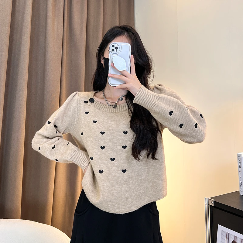 爱心显瘦小香风宽松拼接针织网红毛衣百搭秋冬秋季长袖时尚设计感