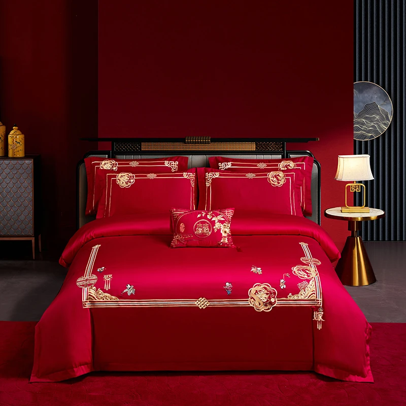 特价结婚高档刺绣大红色绣花婚庆四件套亲肤棉床上用品被套床单