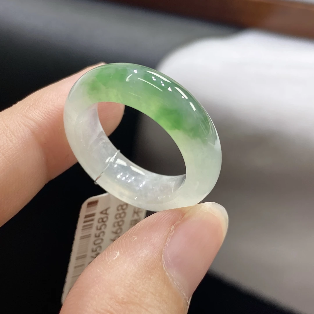 17-18号天然缅甸A货老坑冰润飘甜绿翡翠玉戒指18.2mm