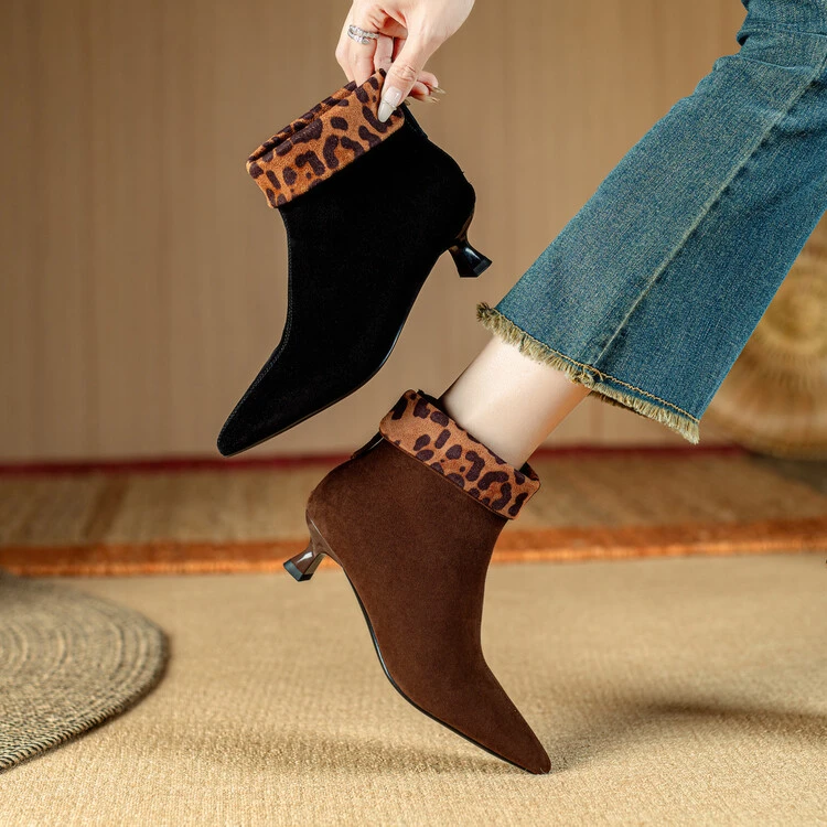 全真皮~4cm羊皮时尚设计感豹纹尖头短靴猫跟后拉链气质裸靴中粗跟