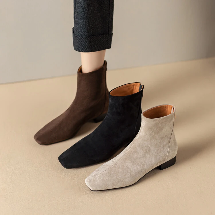 羊翻皮~2.5cm小短靴女春秋单靴及踝裸靴简约百搭方头平底切尔西靴