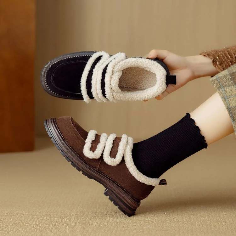 牛皮~3.5cm加绒加厚保暖乐福鞋厚底学院风大棉鞋毛毛鞋外穿一脚蹬