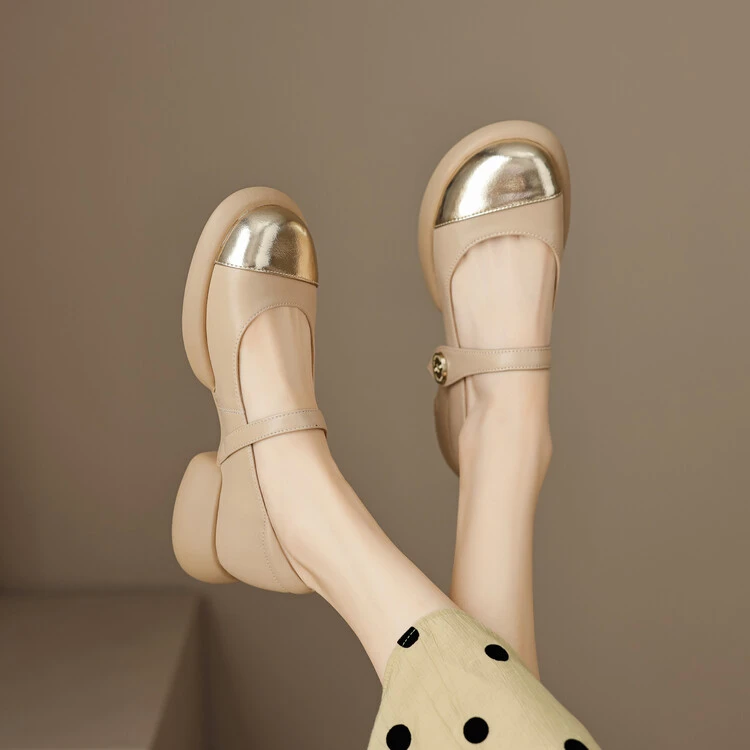 手工鞋/3.5cm/中跟厚底玛丽珍鞋粗跟百搭春秋小皮鞋圆头真皮单鞋