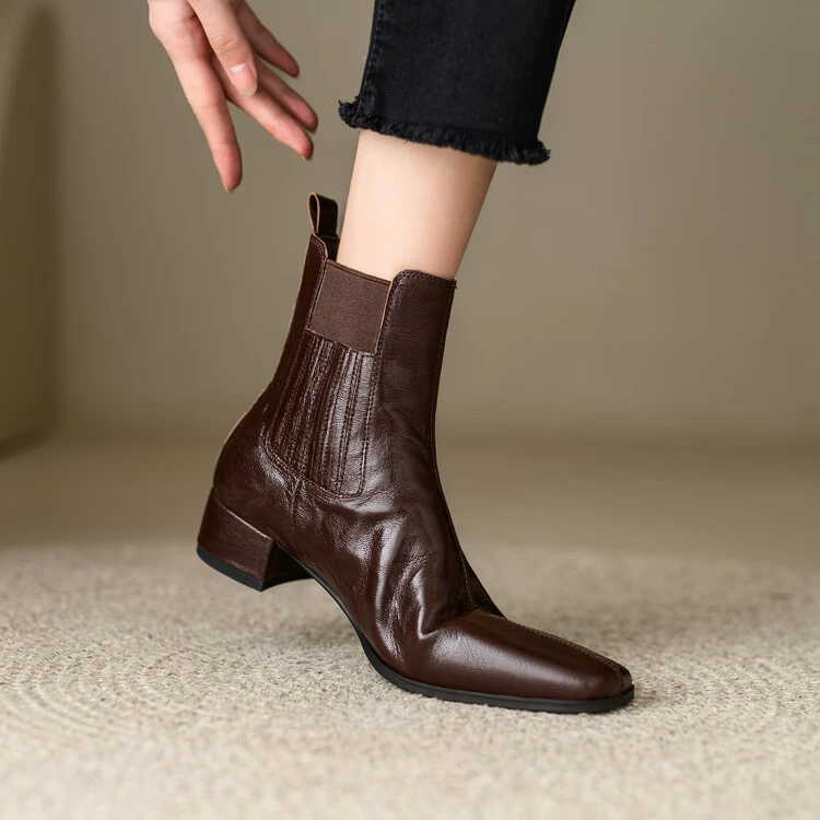 头层羊皮~3cm切尔西靴女秋冬新款真皮粗跟方头短靴棕色低跟瘦瘦靴