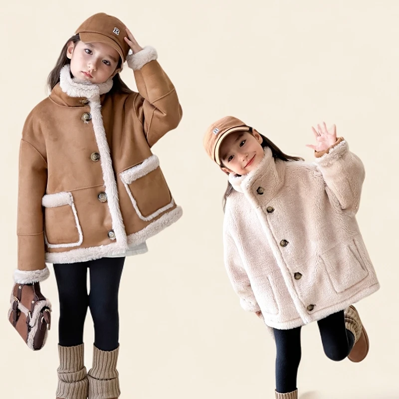 立领全羊毛儿童皮草外套新女童装男宝羊羔毛中长款双面大衣冬宽松