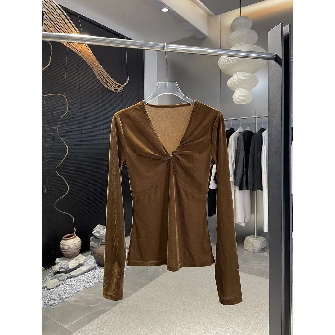 扭结V领金丝绒打底T恤 9868（清）