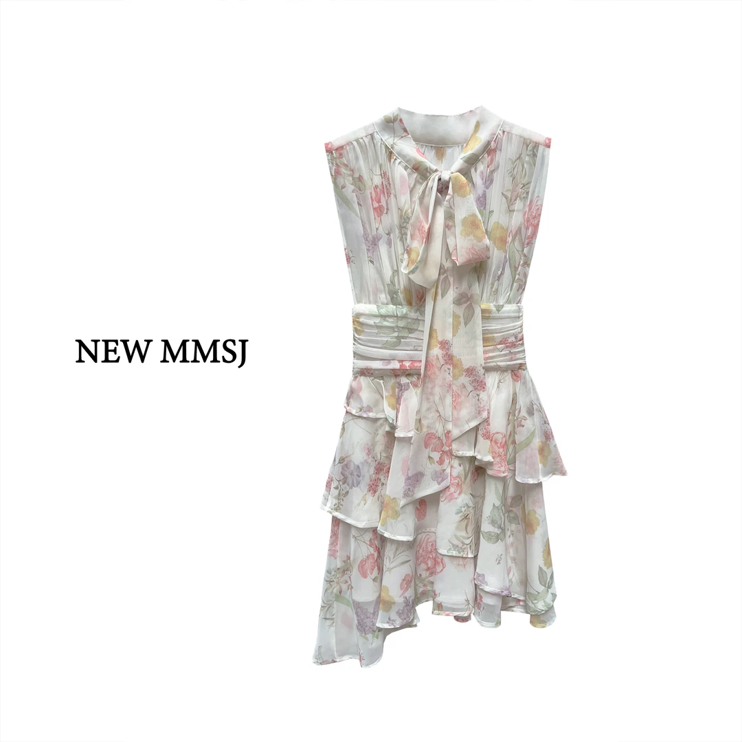 NEW MMSJ（人间富贵花）蝴蝶结绑带收腰碎花连衣裙（清）