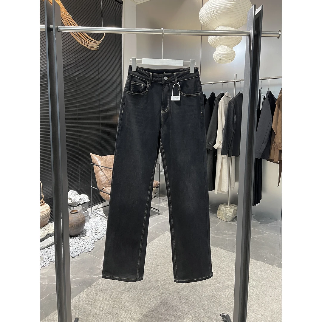 小直筒加绒黑色明线牛仔裤H6966