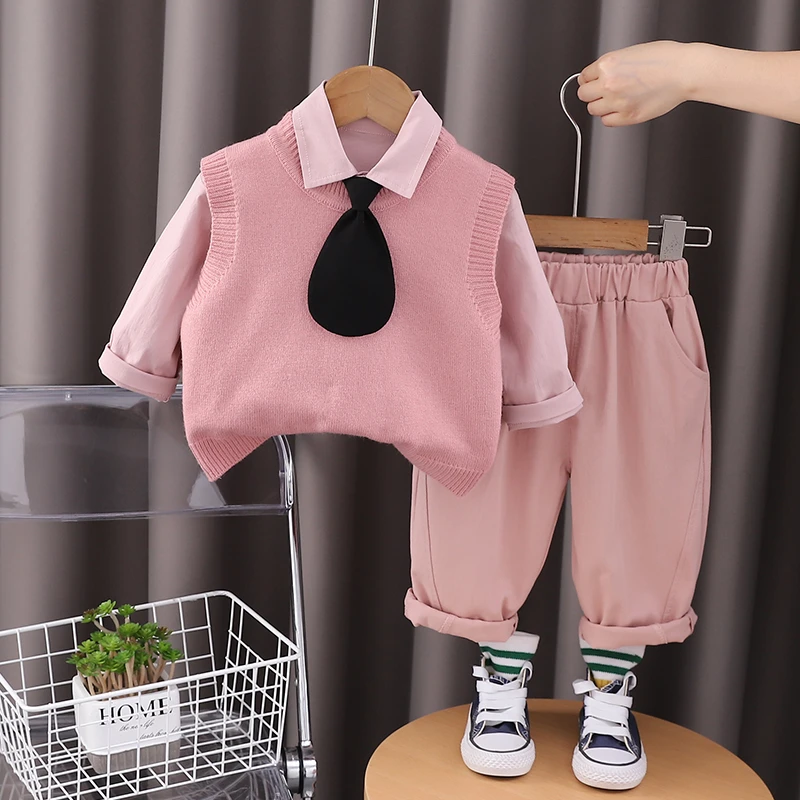 男童春秋套装2025新款儿童休闲毛衣马甲洋气宝宝秋装衬衫三件套潮