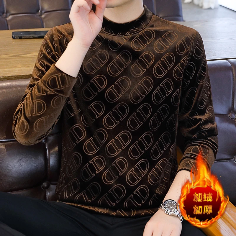 时尚中领男士金丝绒卫衣洋气休闲打底衫冬天青年保暖上衣T恤百搭