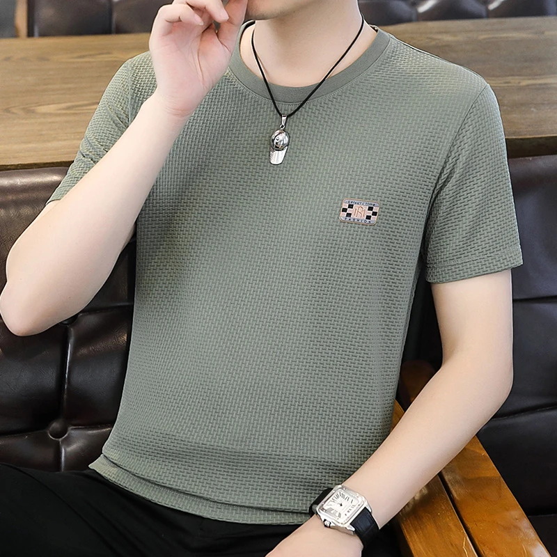 夏季男士短袖洋气冰丝T恤男士潮流时尚上衣华夫格半袖弹力休闲装