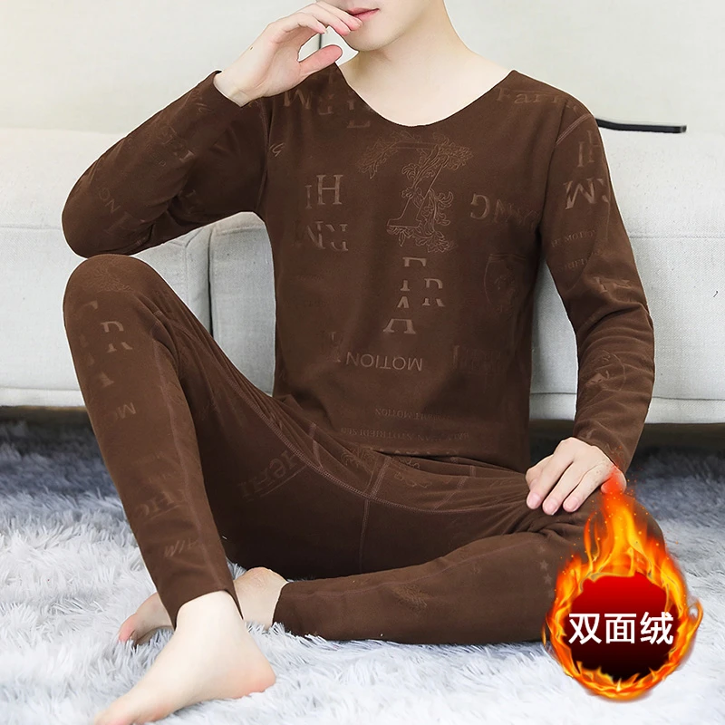 30-50岁中青年双面德绒无痕保暖套装男士V领秋衣秋裤冬季贴身衣物