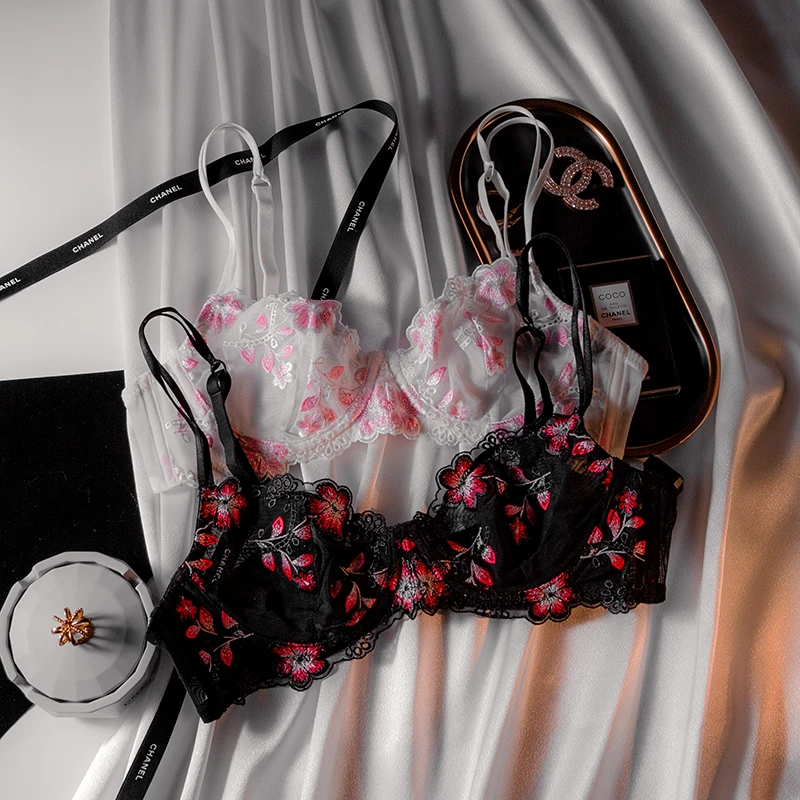 少女美屋性感蕾丝刺绣内衣女士网纱超薄款大胸显小纯欲文胸防下垂