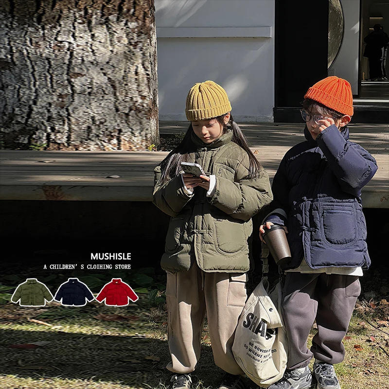 阿又男童冬季纯色翻领羽绒服个性儿童复古保暖宽松羽绒服83319D