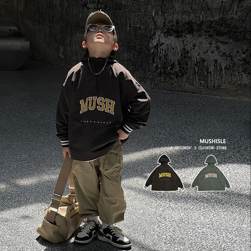 阿又秋季男童半套头防风字母上衣儿童印花外套百搭潮流个性83078Q