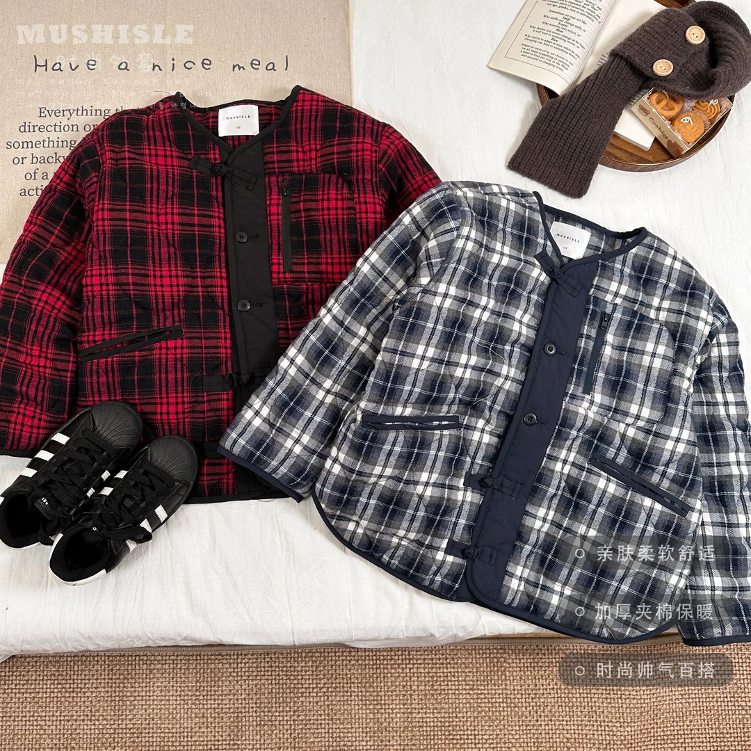 阿又冬季童装儿童男童中大童亲子格子盘扣棉衣99195D