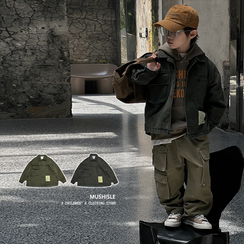 阿又春季男童纯色口袋标签帅气上衣儿童宽松耐看复古外套83176Q