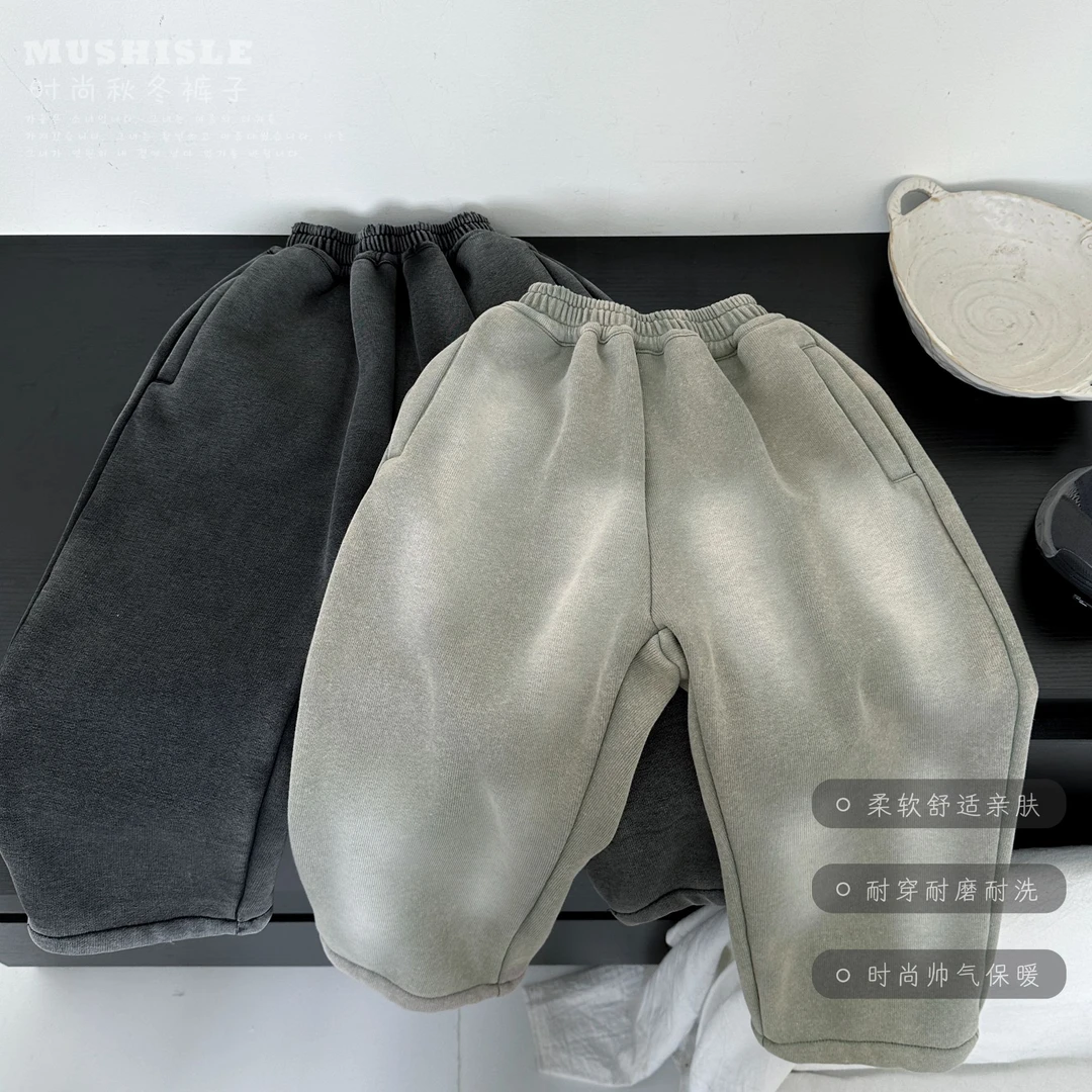 阿又冬季童装儿童男童中大童加绒重工洗褪卫裤99005D