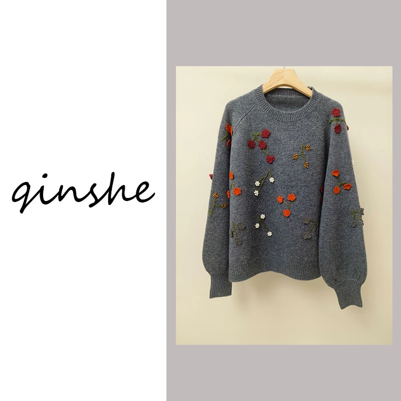 【100羊毛】秋冬新款针织加厚手工钩花刺绣重工羊毛衫女100%纯羊毛