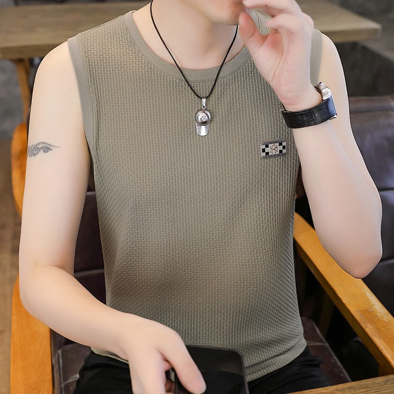 夏季男士冰丝无袖T恤百搭圆领打底衫2025薄款宽松坎肩背心上衣服