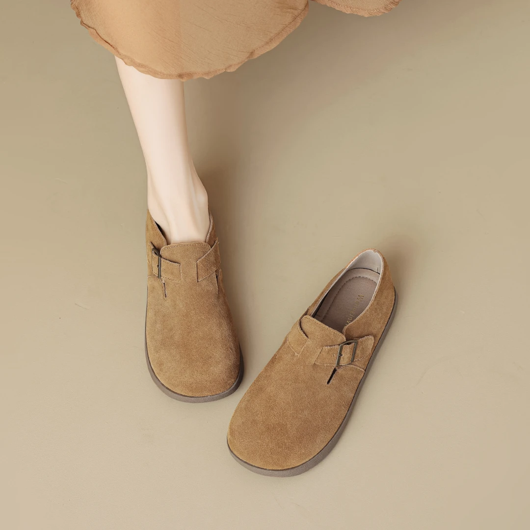 春秋真皮勃肯鞋女复古厚底牛皮一脚蹬软底平底博肯鞋外穿休闲英伦