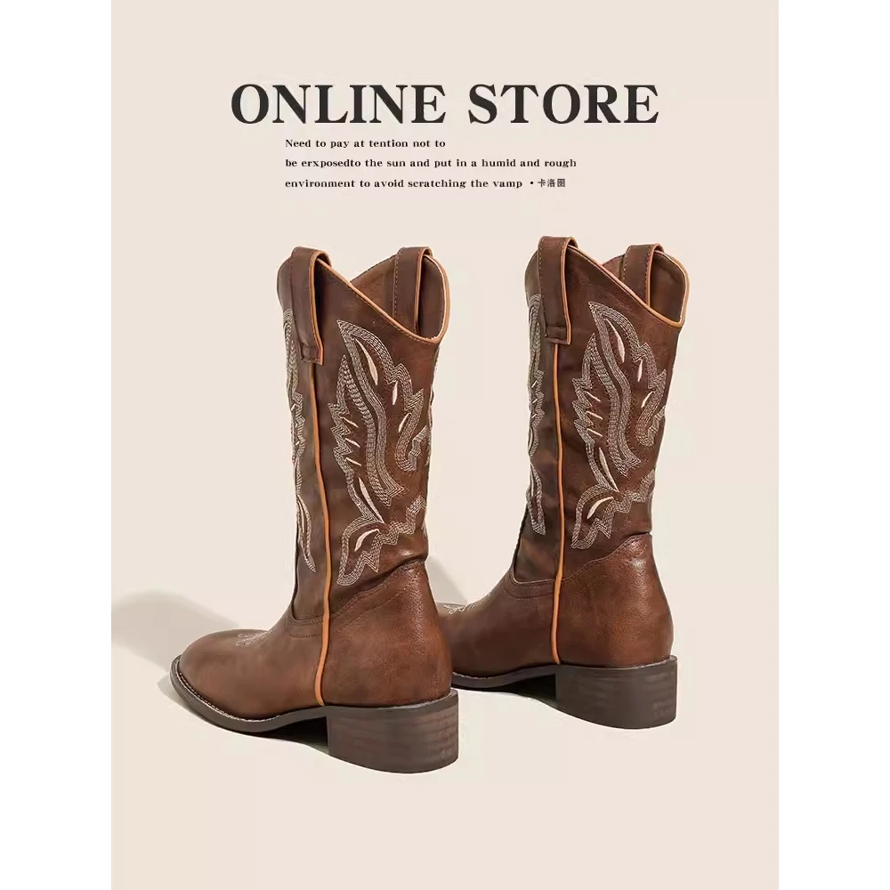 真皮西部牛仔靴女2024新款复古刺绣方头沙漠马丁靴粗跟中筒靴子女