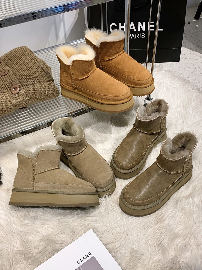 S&J【韩版】LC6816H时尚雪地靴百搭真皮加绒皮毛一体防水厚底短筒女