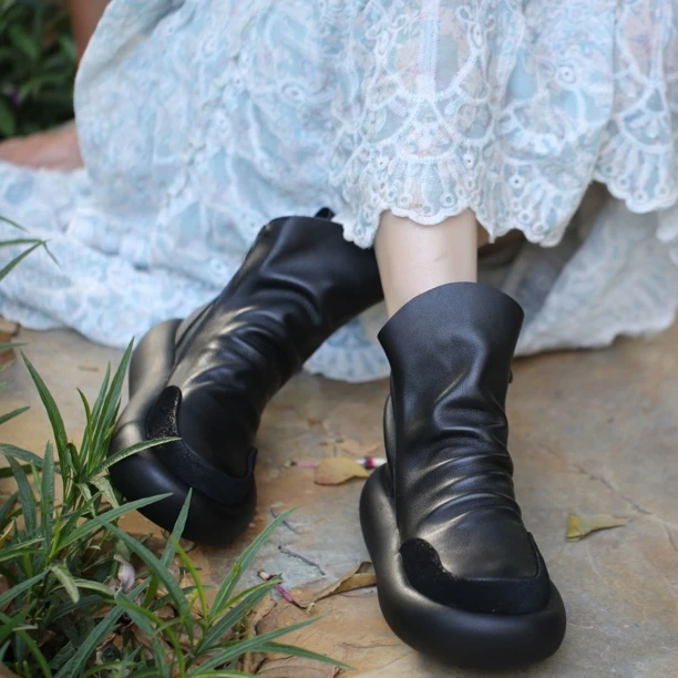 广州手工复古短靴女秋冬新真皮娃娃头厚底自然皱666-32偏大一码