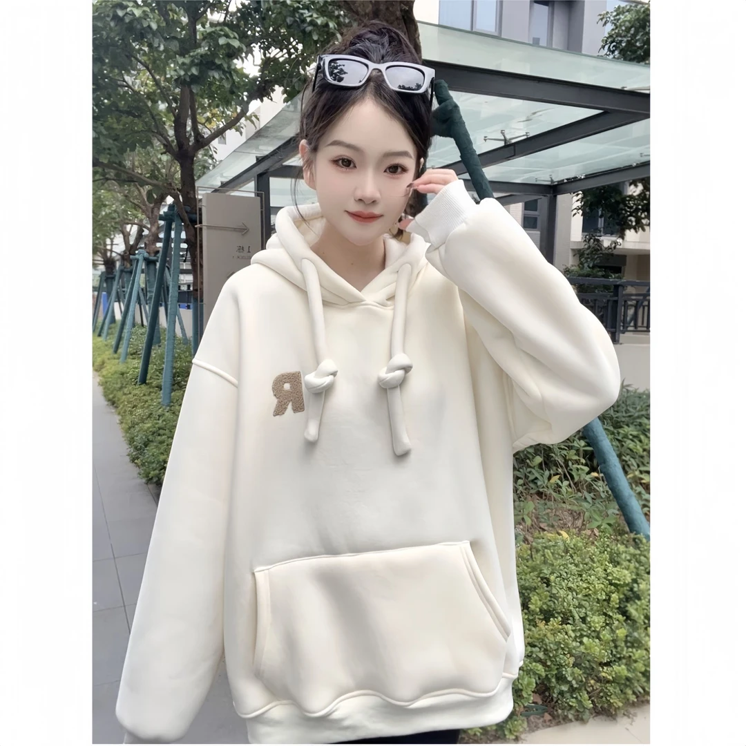 【R】加厚北极绒连帽宽松套头刺绣卫衣2024新款爆款慵懒风宽松上衣