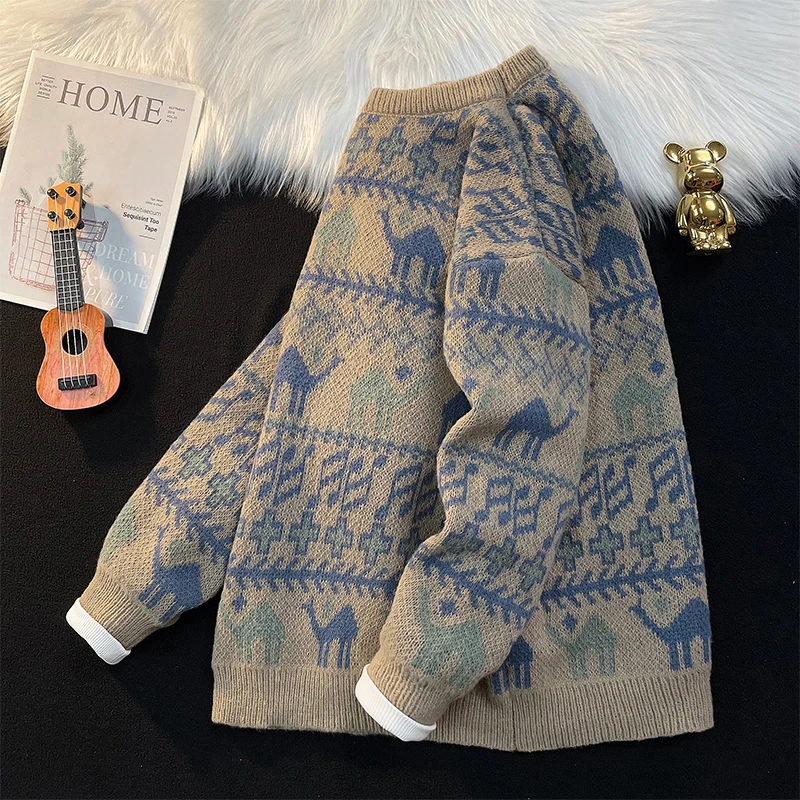 冬季新款潮流毛衣男圆领休闲针织衫外穿宽松复古韩版慵懒风百搭潮