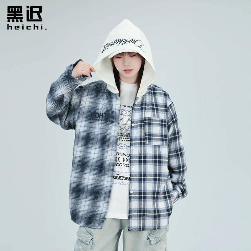 美式复古撞色拼接格子衬衫休闲春秋连帽外套男女宽松