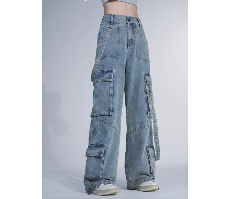 美式复古多口袋工装牛仔裤男女宽松洗水做旧阔腿长裤 7861