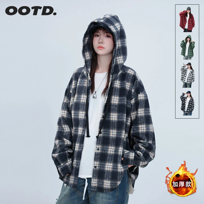 2025格子连帽衬衫外套男女秋季2024年新宽松慵懒风中长款休闲上衣