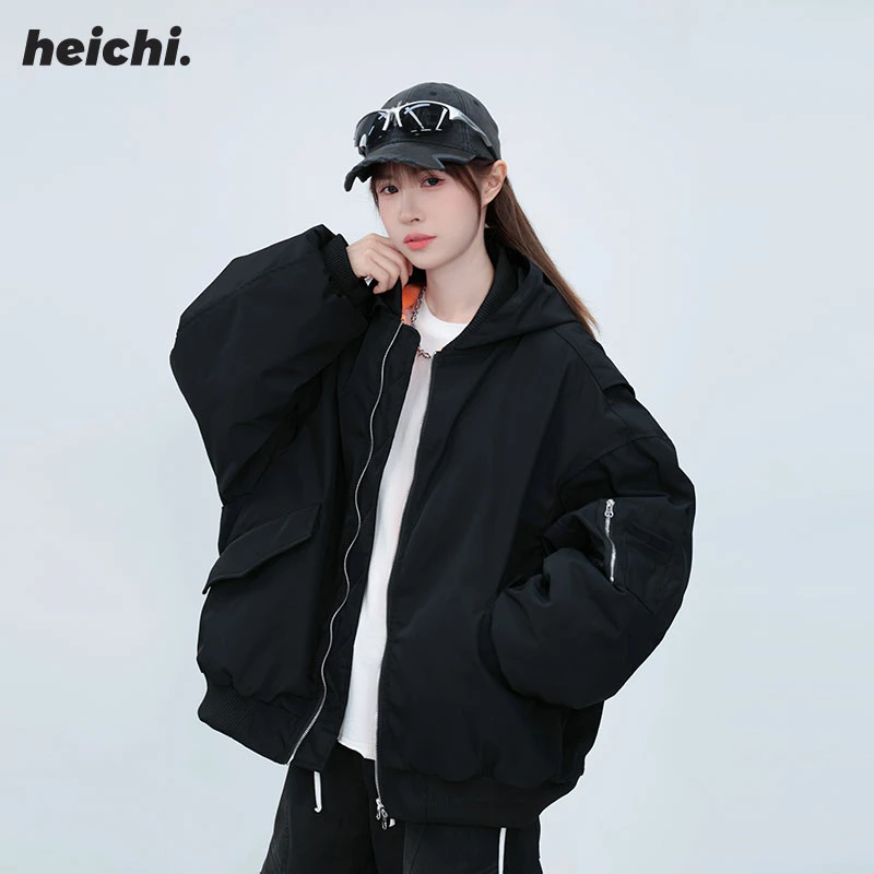 黑迟原创新款胶带字母印花连帽飞行夹克棉服男女宽松棉衣外套