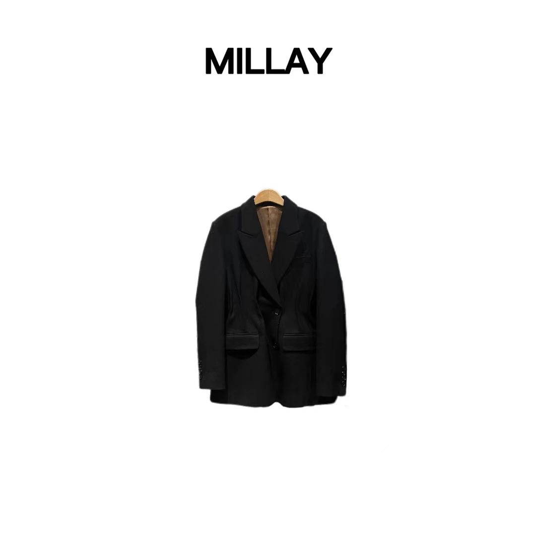 MILLAY/女装推荐 春季新款质感设计师款收腰黑色毛呢西装外套