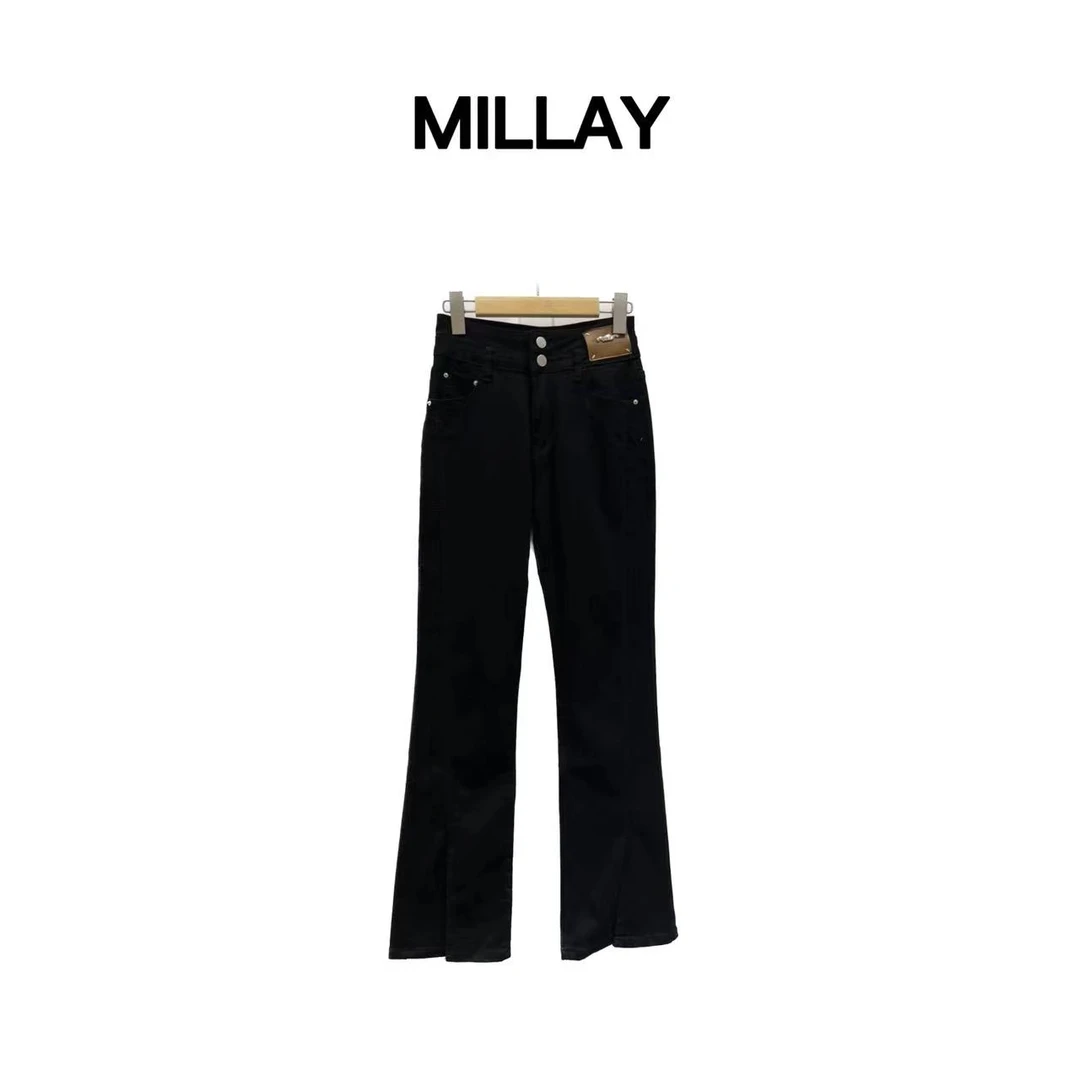 MILLAY/女装推荐 秋冬百搭黑色开叉显瘦腿精裤