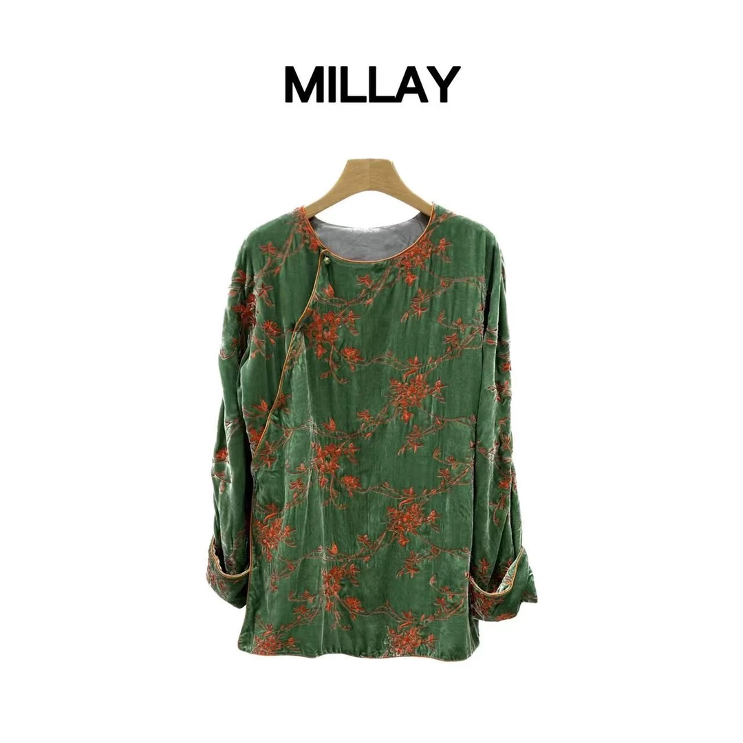 MILLAY/女装推荐 国风新中式绿色刺绣撞色夹衣外套