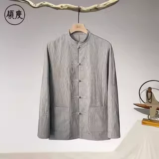 领度原创中国风亚麻衬衣盘扣连袖唐装立领压皱薄外套长袖衬衫男禅