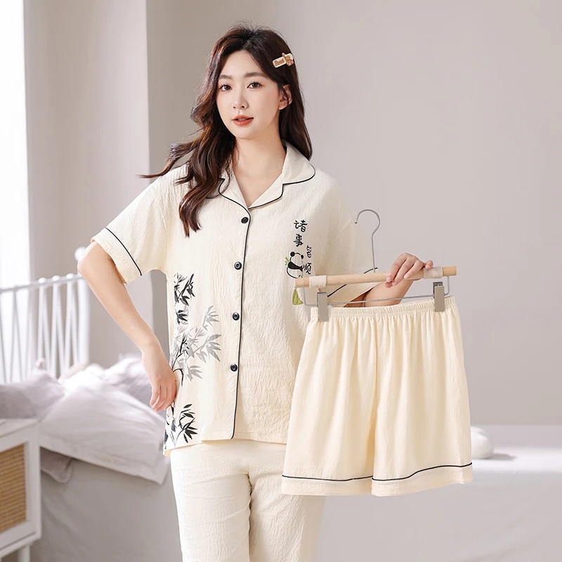 多巴胺睡衣女开衫短袖口袋宽松翻领三件套休闲穿家居服套装女士