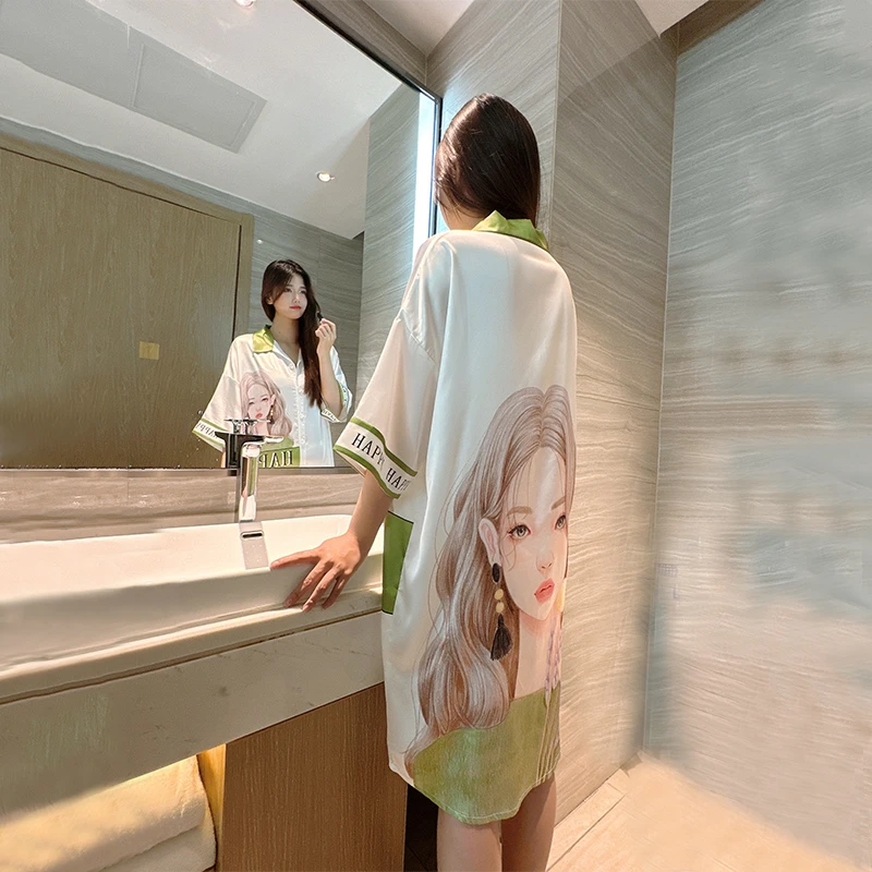 睡衣女夏季冰丝性感爆款2024新款时尚印花冰雪丝颜值睡裙宽松女士