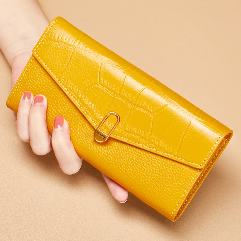 头层牛皮钱包女士长款新款时尚高档黄色真皮钱夹搭扣多卡位皮夹子