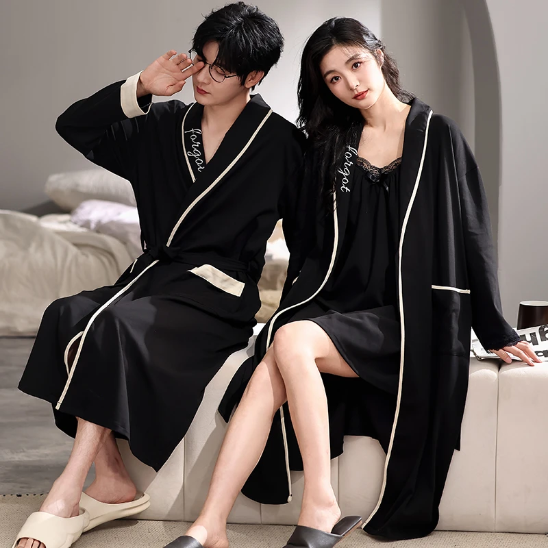 浪莎情侣款睡衣纯棉女士吊带睡裙家居服春秋季男士长袖中长款睡袍