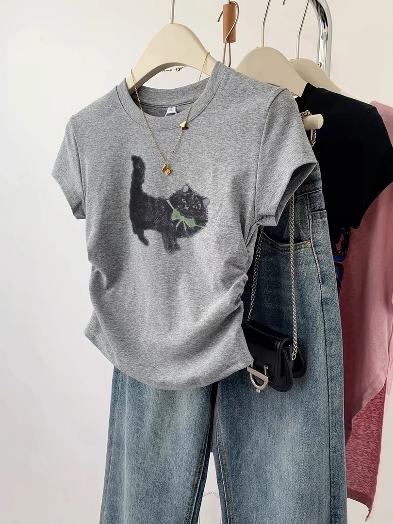 印花猫咪正肩小众短袖t恤女夏季新款小个子修身显瘦短款体恤上衣